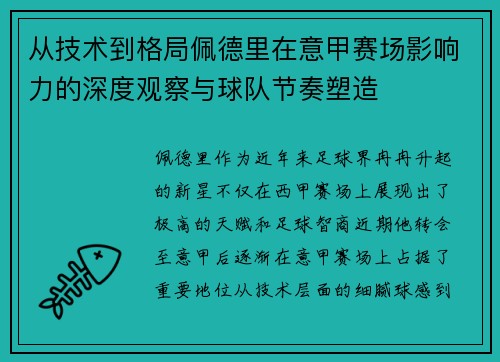从技术到格局佩德里在意甲赛场影响力的深度观察与球队节奏塑造