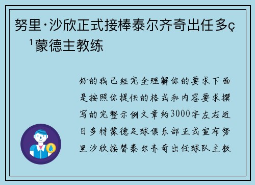 努里·沙欣正式接棒泰尔齐奇出任多特蒙德主教练