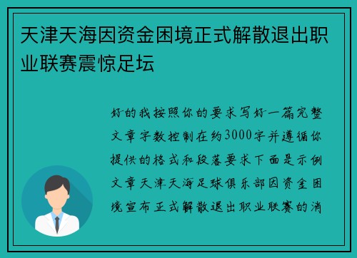 天津天海因资金困境正式解散退出职业联赛震惊足坛